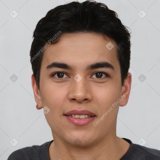 Joyful asian young-adult male with short  black hair and brown eyes