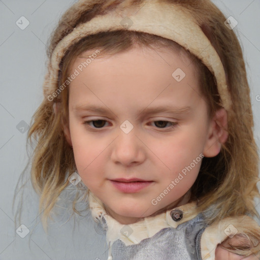 Joyful white child female with medium  brown hair and blue eyes