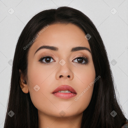 Neutral asian young-adult female with long  black hair and brown eyes