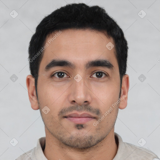 Neutral latino young-adult male with short  black hair and brown eyes