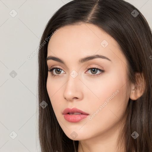 Neutral white young-adult female with long  brown hair and brown eyes