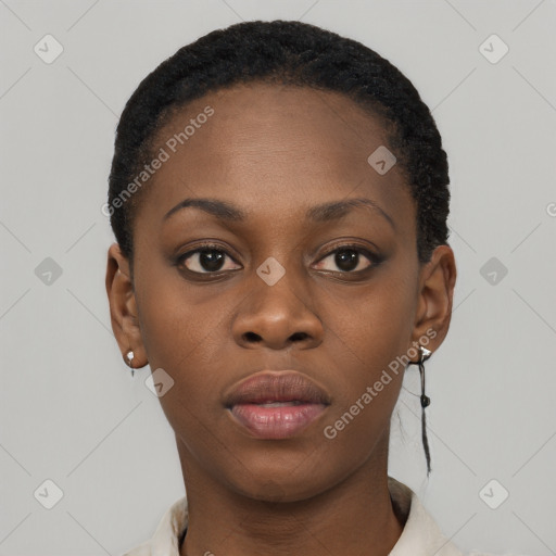 Neutral black young-adult female with short  black hair and brown eyes