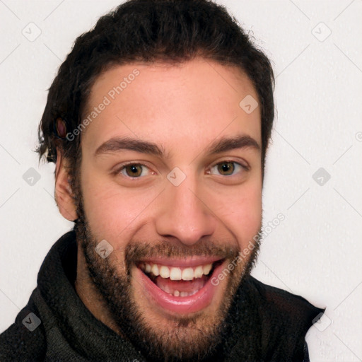 Joyful white young-adult male with short  black hair and brown eyes