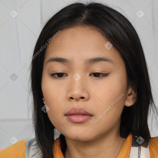 Neutral asian young-adult female with medium  brown hair and brown eyes