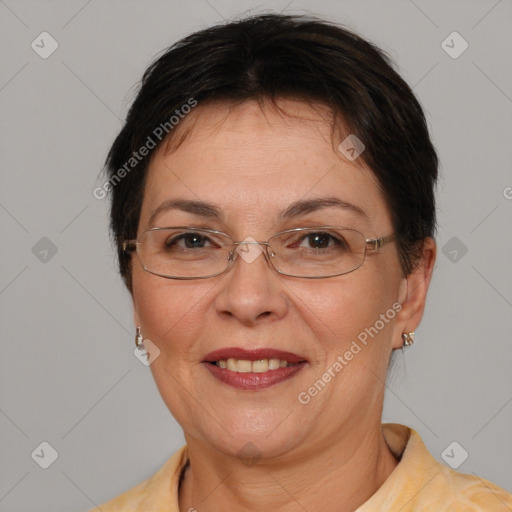 Joyful white adult female with short  brown hair and brown eyes