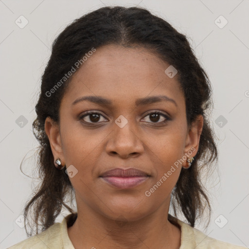 Joyful black young-adult female with medium  brown hair and brown eyes