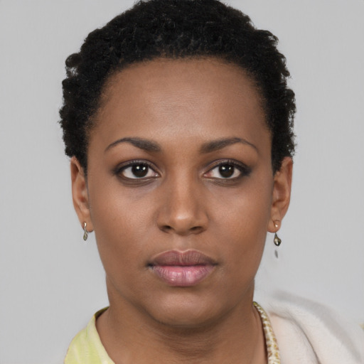 Neutral black young-adult female with short  black hair and brown eyes