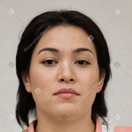 Neutral asian young-adult female with medium  brown hair and brown eyes