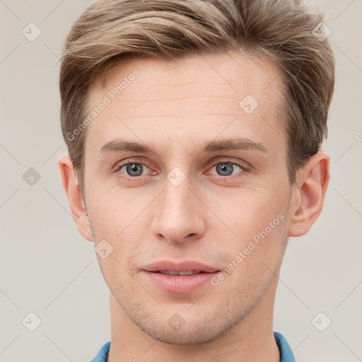 Neutral white young-adult male with short  brown hair and grey eyes