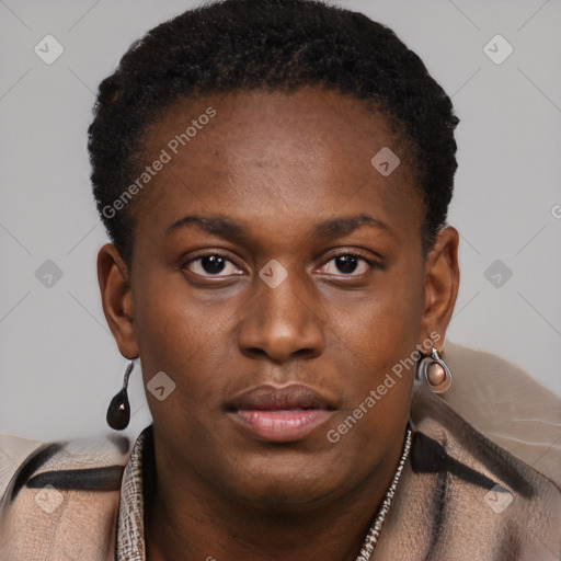 Neutral black young-adult female with short  brown hair and brown eyes
