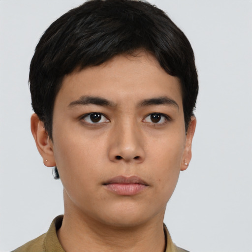 Neutral asian young-adult male with short  black hair and brown eyes