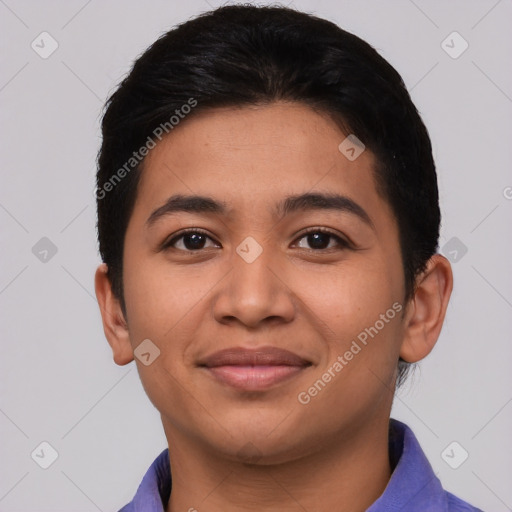Joyful asian young-adult female with short  brown hair and brown eyes