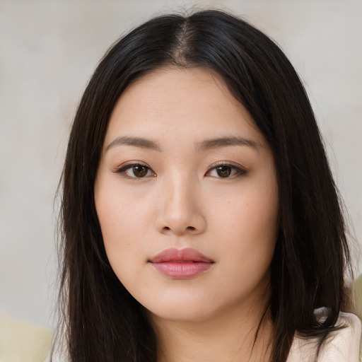Neutral asian young-adult female with long  brown hair and brown eyes