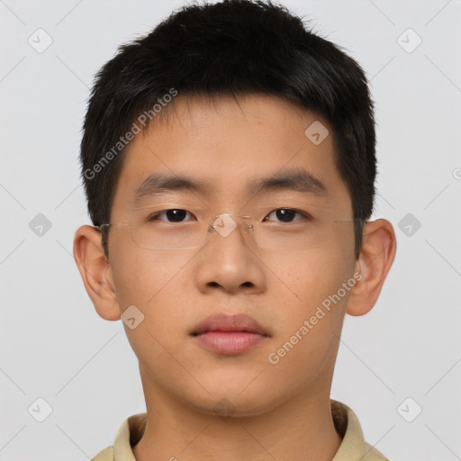 Neutral asian young-adult male with short  brown hair and brown eyes