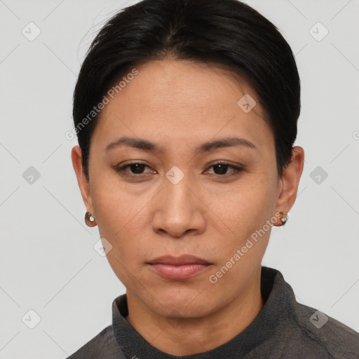 Neutral asian young-adult female with short  black hair and brown eyes