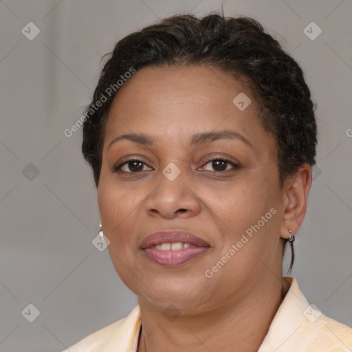 Joyful white adult female with short  brown hair and brown eyes