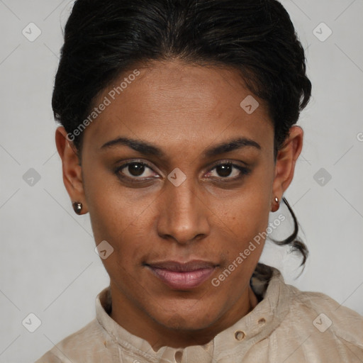 Joyful latino young-adult female with short  brown hair and brown eyes