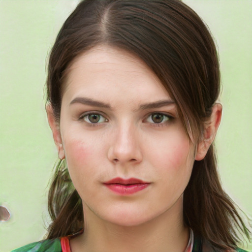 Neutral white young-adult female with medium  brown hair and green eyes