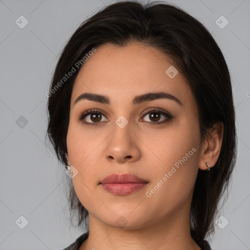 Neutral white young-adult female with medium  brown hair and brown eyes