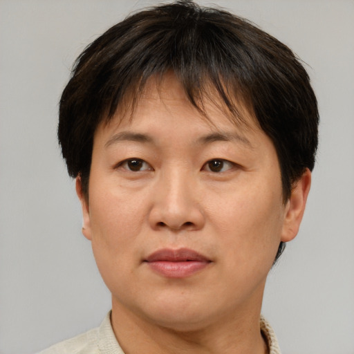 Joyful asian adult female with short  brown hair and brown eyes