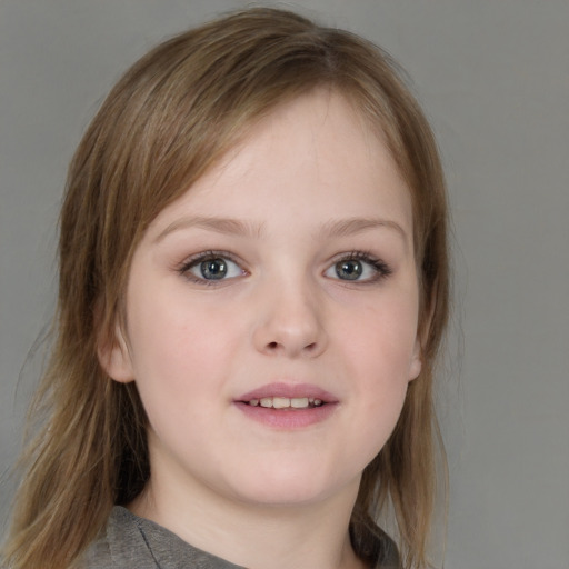 Joyful white child female with medium  brown hair and blue eyes