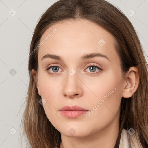 Neutral white young-adult female with long  brown hair and grey eyes