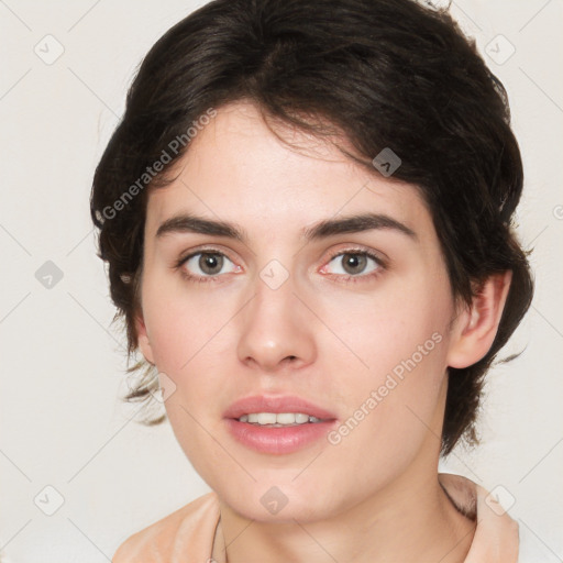 Neutral white young-adult female with medium  brown hair and brown eyes