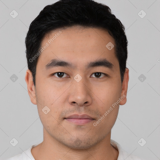 Neutral asian young-adult male with short  black hair and brown eyes