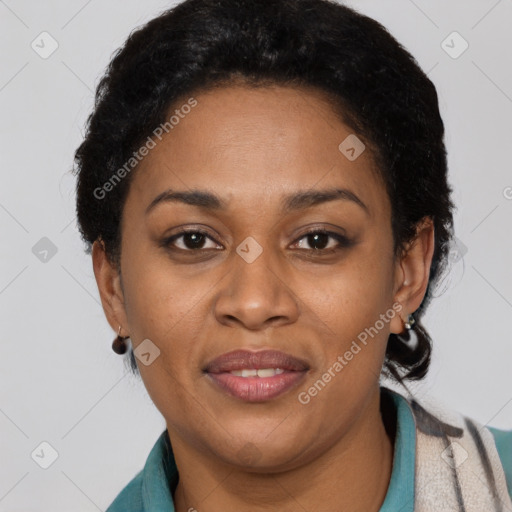 Joyful latino young-adult female with short  black hair and brown eyes