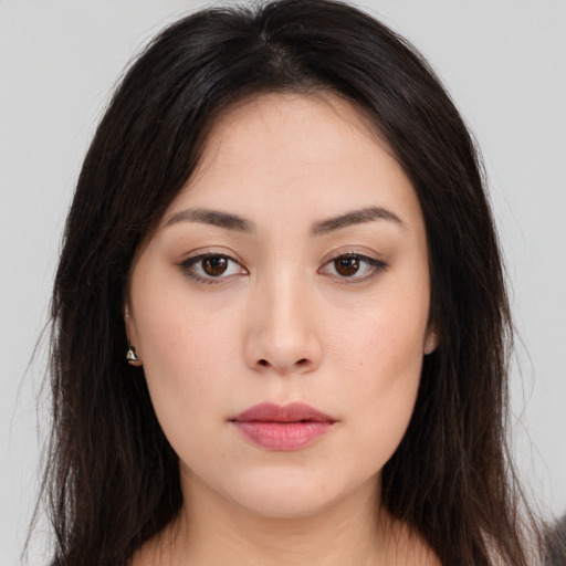 Neutral asian young-adult female with long  brown hair and brown eyes