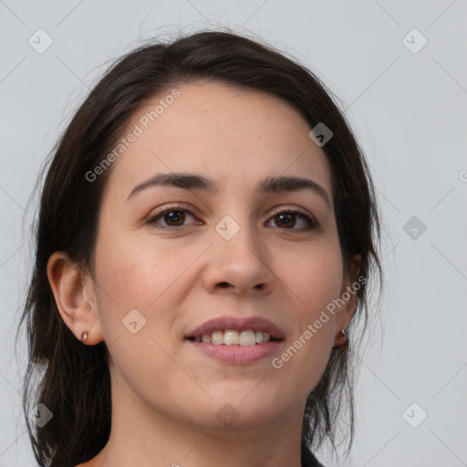 Joyful white young-adult female with medium  brown hair and brown eyes