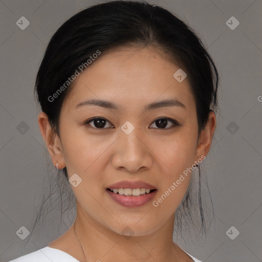 Joyful asian young-adult female with medium  black hair and brown eyes