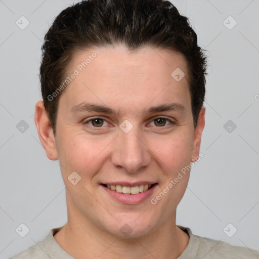 Joyful white young-adult female with short  brown hair and grey eyes