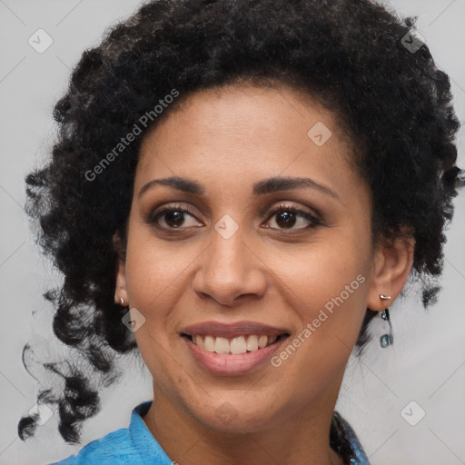 Joyful latino young-adult female with medium  black hair and brown eyes