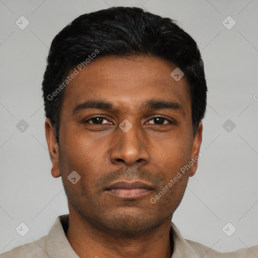 Neutral latino young-adult male with short  black hair and brown eyes