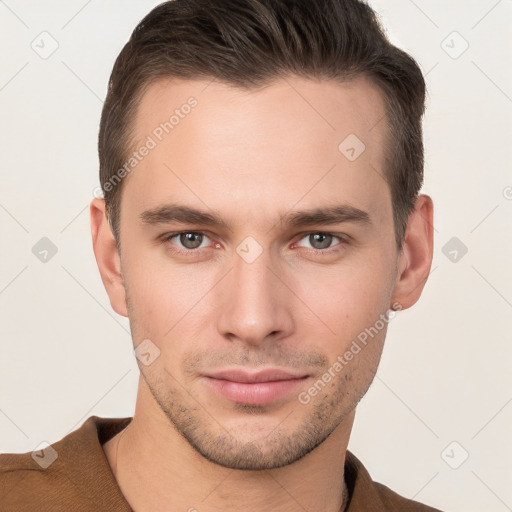 Neutral white young-adult male with short  brown hair and brown eyes