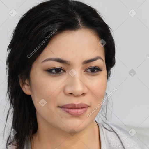 Joyful asian young-adult female with medium  black hair and brown eyes