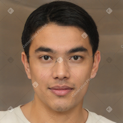 Joyful asian young-adult male with short  brown hair and brown eyes