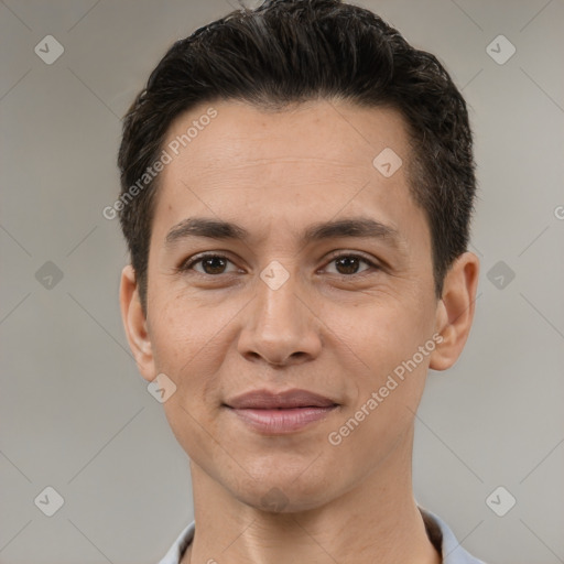 Joyful white adult male with short  brown hair and brown eyes