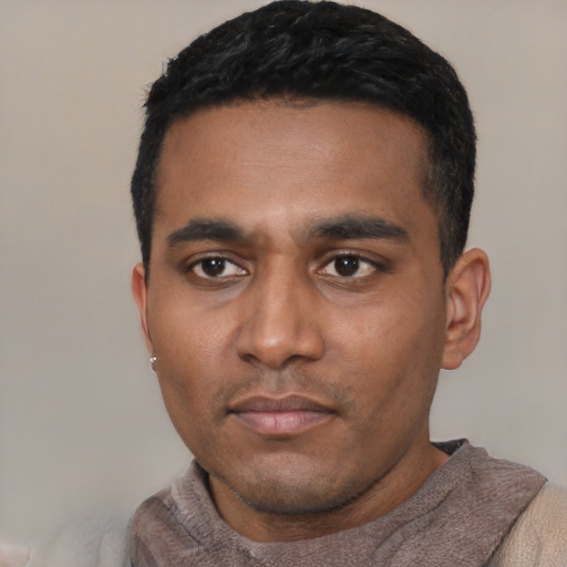 Neutral latino young-adult male with short  black hair and brown eyes