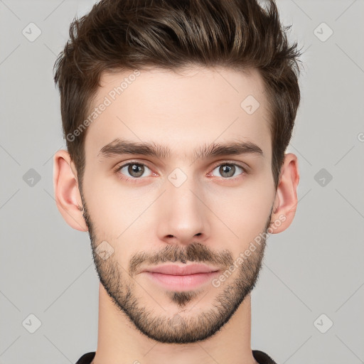 Neutral white young-adult male with short  brown hair and brown eyes