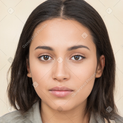 Neutral white young-adult female with long  brown hair and brown eyes