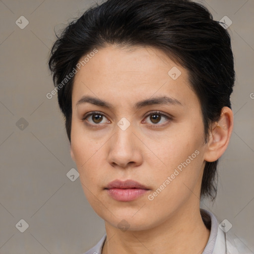 Neutral white young-adult female with medium  brown hair and brown eyes