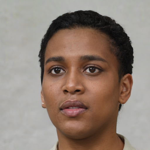 Neutral black young-adult female with short  black hair and brown eyes