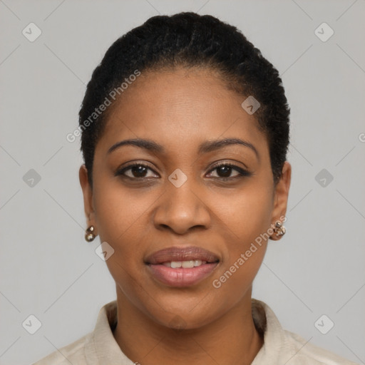 Joyful black young-adult female with short  black hair and brown eyes