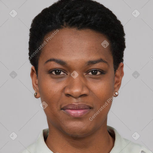 Joyful black young-adult female with short  black hair and brown eyes