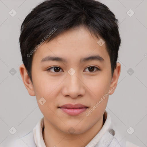 Joyful asian young-adult female with short  brown hair and brown eyes