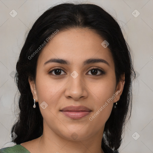 Joyful latino young-adult female with medium  brown hair and brown eyes