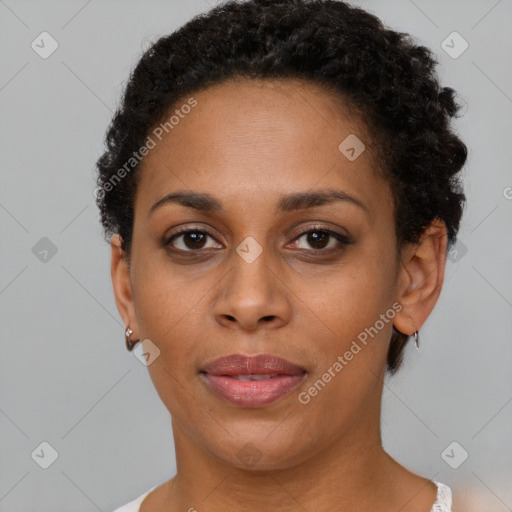 Neutral black young-adult female with short  brown hair and brown eyes