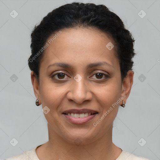 Joyful latino young-adult female with short  brown hair and brown eyes